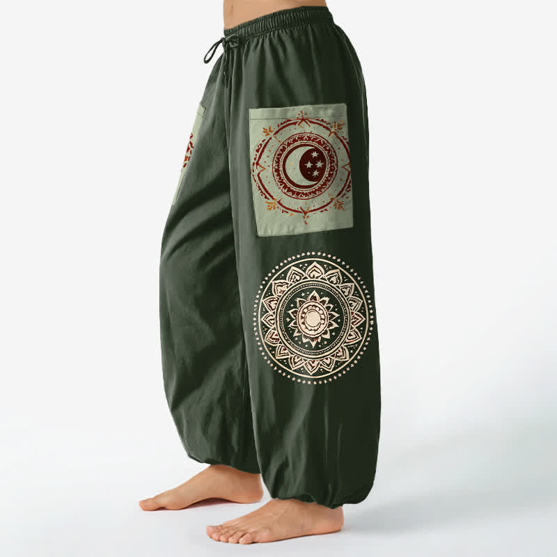 Buddha Stones Cotton Bohemian Mandala Moon Phase Pattern Women's Elastic Waist Harem Pants With Side Pockets - image 8