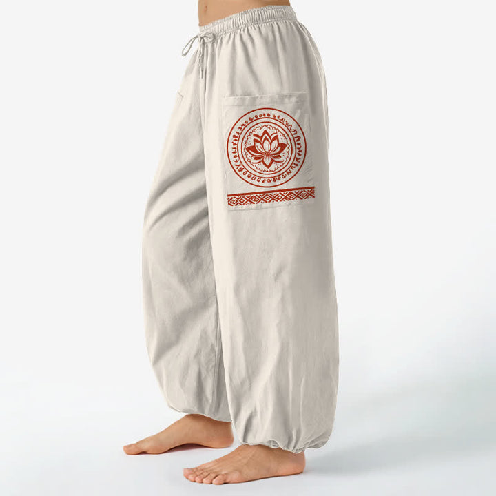 Buddha Stones Cotton Lotus Mandala Pattern Women's Elastic Waist Harem Pants With Side Pockets - Beige - US16，UK/AU20，EU48 (3XL) - image 0
