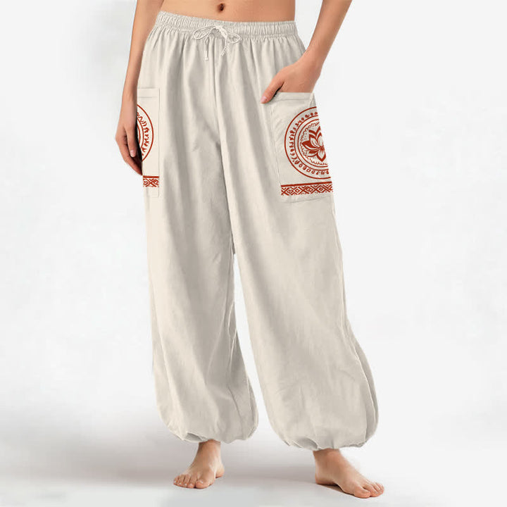 Buddha Stones Cotton Lotus Mandala Pattern Women's Elastic Waist Harem Pants With Side Pockets - image 1