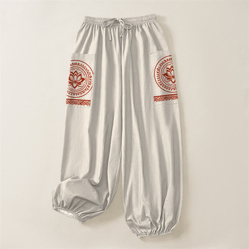 Buddha Stones Cotton Lotus Mandala Pattern Women's Elastic Waist Harem Pants With Side Pockets - image 3