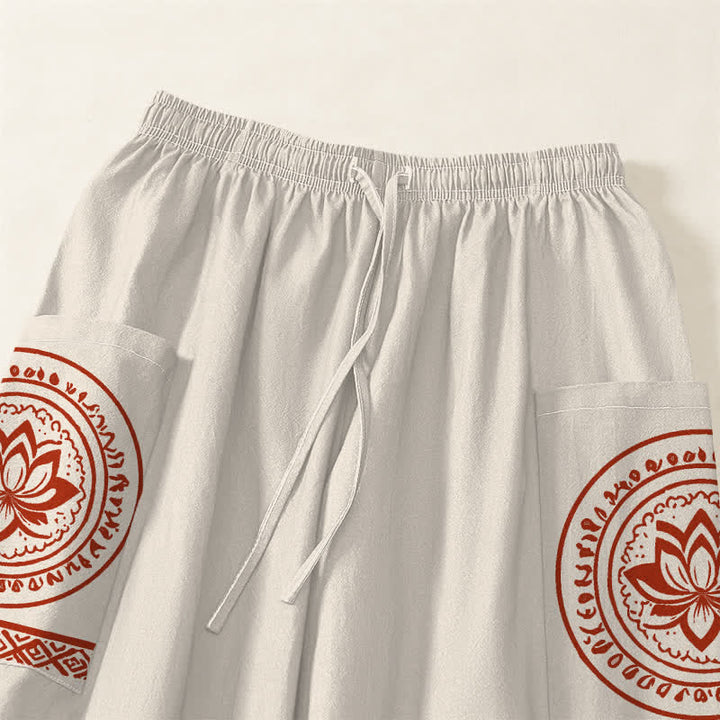 Buddha Stones Cotton Lotus Mandala Pattern Women's Elastic Waist Harem Pants With Side Pockets - image 5