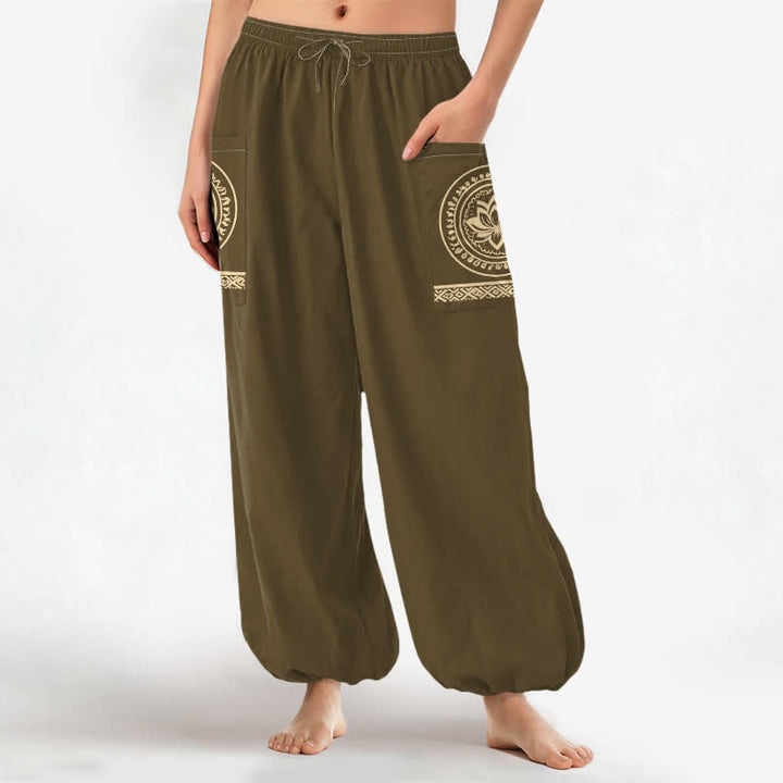 Buddha Stones Cotton Lotus Mandala Pattern Women's Elastic Waist Harem Pants With Side Pockets - image 8