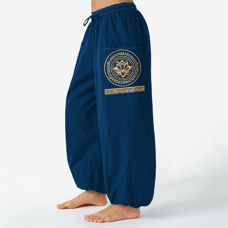 Buddha Stones Cotton Lotus Mandala Pattern Women's Elastic Waist Harem Pants With Side Pockets - Navy - US16，UK/AU20，EU48 (3XL) - image 10