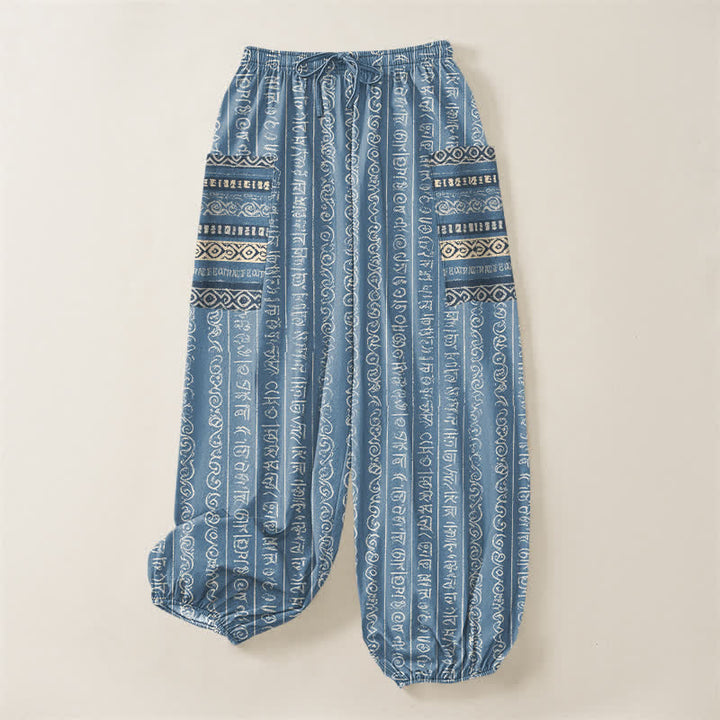 Buddha Stones Cotton Ethnic Geometric Stripe Pattern Women's Elastic Waist Harem Pants With Side Pockets - image 3