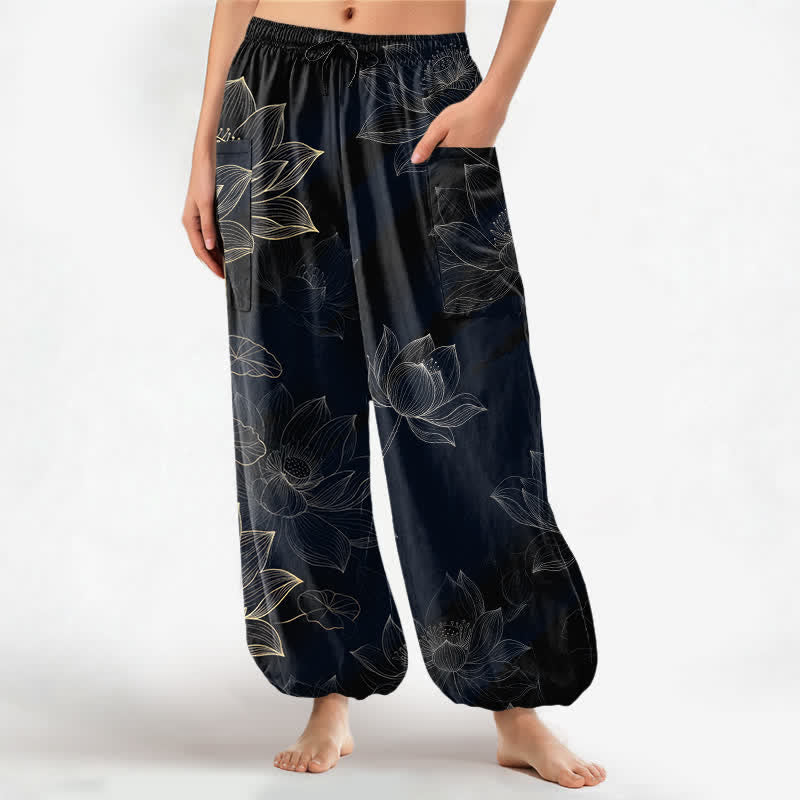Buddha Stones Cotton Lotus Floral Line Art Pattern Women's Elastic Waist Harem Pants With Side Pockets - Black - US16，UK/AU20，EU48 (3XL) - image 0