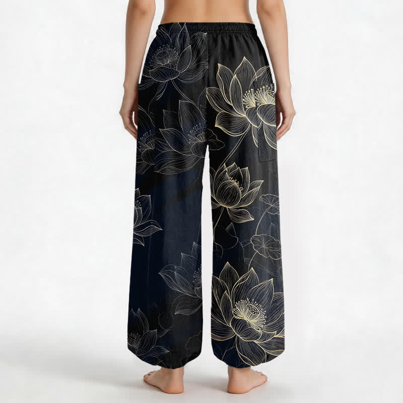 Buddha Stones Cotton Lotus Floral Line Art Pattern Women's Elastic Waist Harem Pants With Side Pockets - image 2