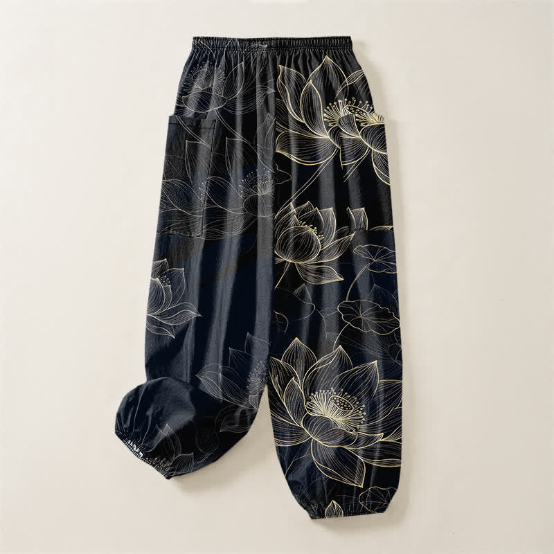 Buddha Stones Cotton Lotus Floral Line Art Pattern Women's Elastic Waist Harem Pants With Side Pockets - image 4