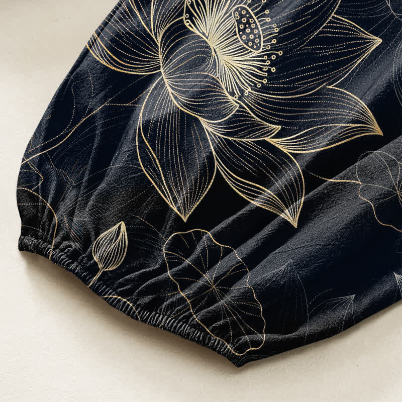 Buddha Stones Cotton Lotus Floral Line Art Pattern Women's Elastic Waist Harem Pants With Side Pockets - image 6