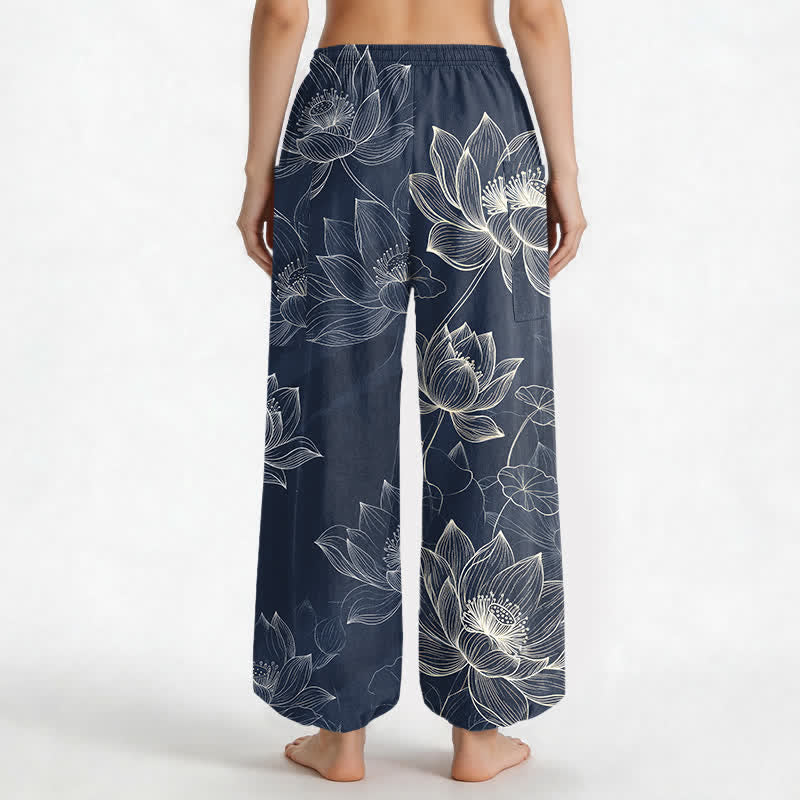 Buddha Stones Cotton Lotus Floral Line Art Pattern Women's Elastic Waist Harem Pants With Side Pockets - image 9