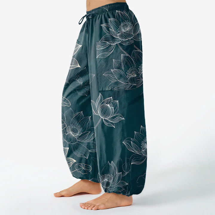 Buddha Stones Cotton Lotus Floral Line Art Pattern Women's Elastic Waist Harem Pants With Side Pockets - image 11