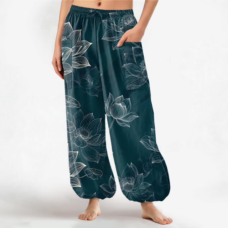 Buddha Stones Cotton Lotus Floral Line Art Pattern Women's Elastic Waist Harem Pants With Side Pockets - Teal - US16，UK/AU20，EU48 (3XL) - image 10