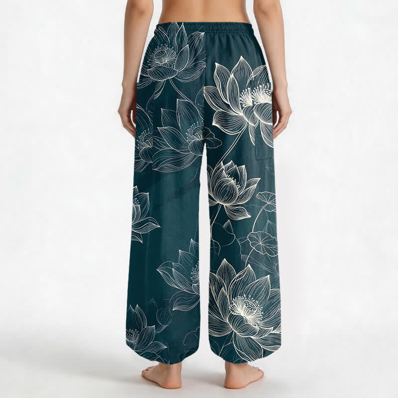 Buddha Stones Cotton Lotus Floral Line Art Pattern Women's Elastic Waist Harem Pants With Side Pockets - image 12