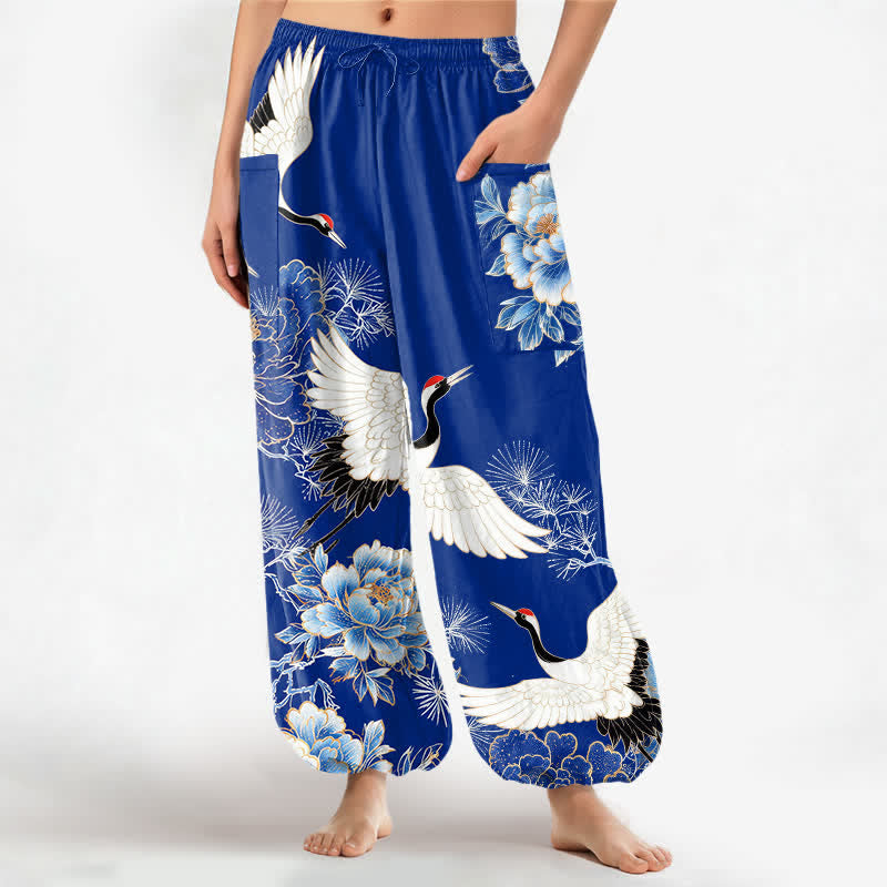 Buddha Stones Cotton Oriental Crane Peony Pattern Women's Elastic Waist Harem Pants With Side Pockets - RoyalBlue - US16，UK/AU20，EU48 (3XL) - image 0