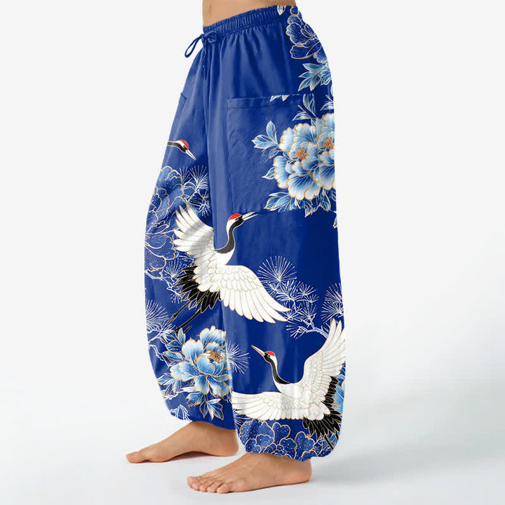 Buddha Stones Cotton Oriental Crane Peony Pattern Women's Elastic Waist Harem Pants With Side Pockets - image 1