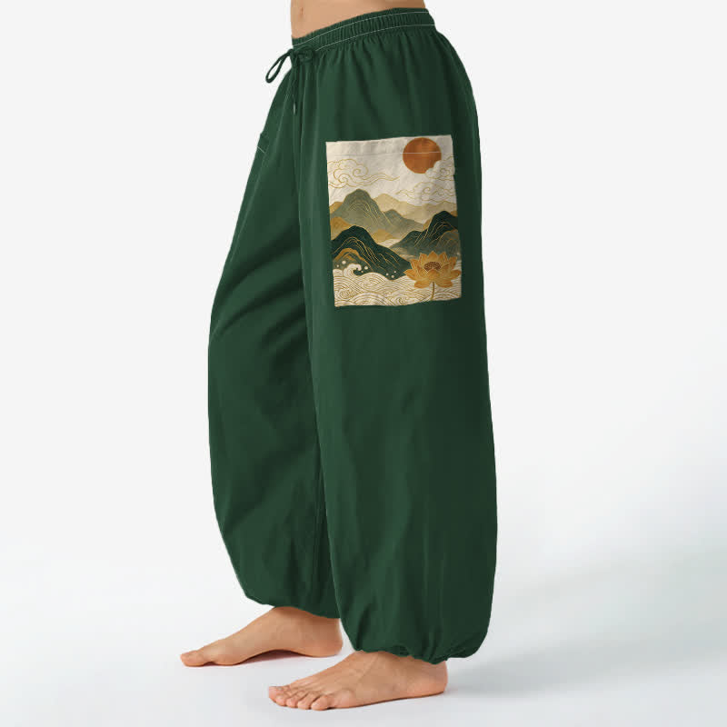 Buddha Stones Cotton Oriental Mountain Lotus Pattern Women's Elastic Waist Harem Pants With Side Pockets - ForestGreen - US16，UK/AU20，EU48 (3XL) - image 0