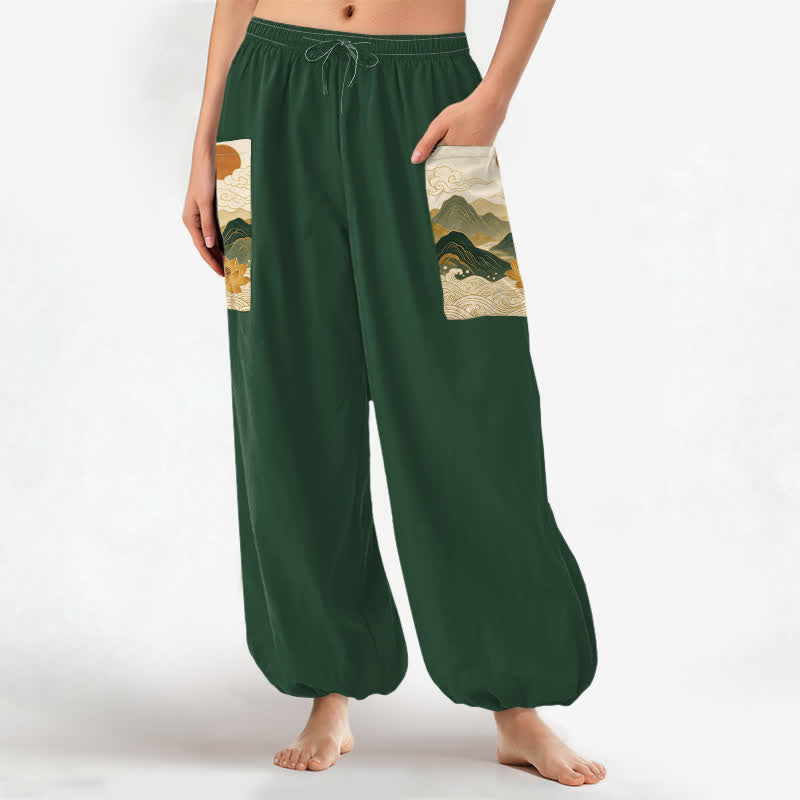 Buddha Stones Cotton Oriental Mountain Lotus Pattern Women's Elastic Waist Harem Pants With Side Pockets - image 1