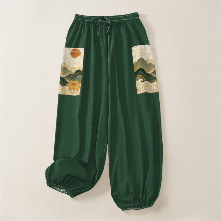 Buddha Stones Cotton Oriental Mountain Lotus Pattern Women's Elastic Waist Harem Pants With Side Pockets - image 3