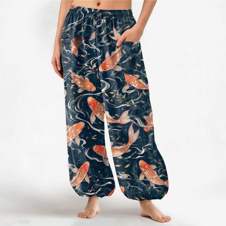 Buddha Stones Cotton Oriental Koi Wave Pattern Women's Elastic Waist Harem Pants With Side Pockets - DarkSlateGray - US16，UK/AU20，EU48 (3XL) - image 0