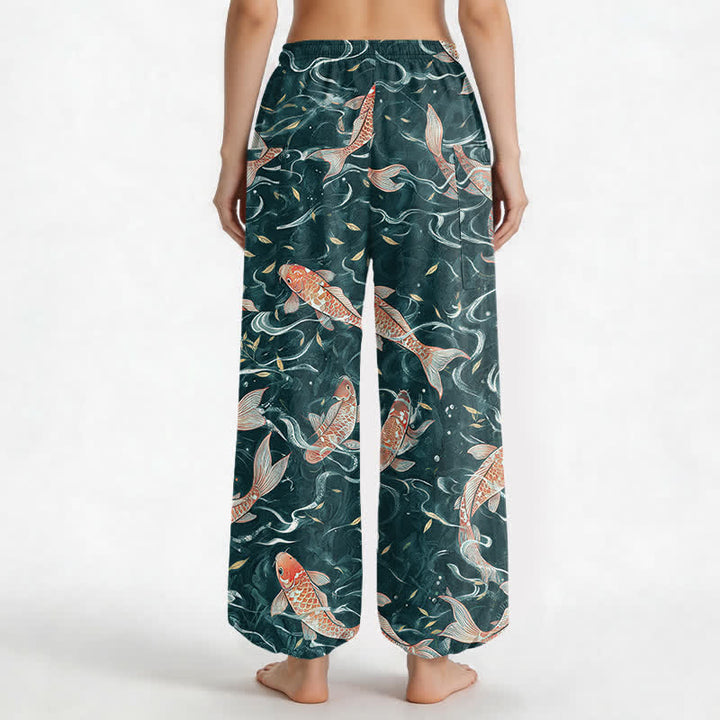 Buddha Stones Cotton Oriental Koi Wave Pattern Women's Elastic Waist Harem Pants With Side Pockets - image 9
