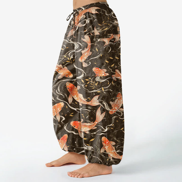 Buddha Stones Cotton Oriental Koi Wave Pattern Women's Elastic Waist Harem Pants With Side Pockets - image 11
