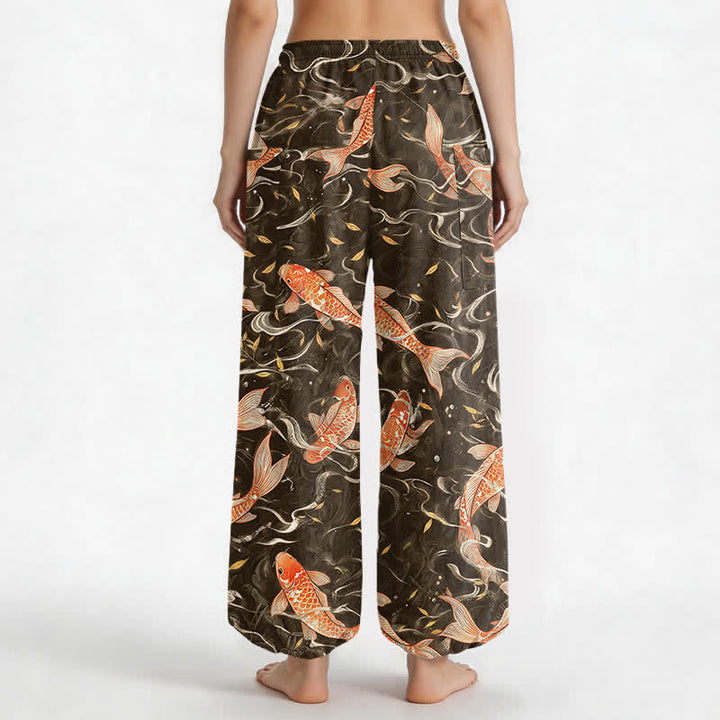 Buddha Stones Cotton Oriental Koi Wave Pattern Women's Elastic Waist Harem Pants With Side Pockets - image 12