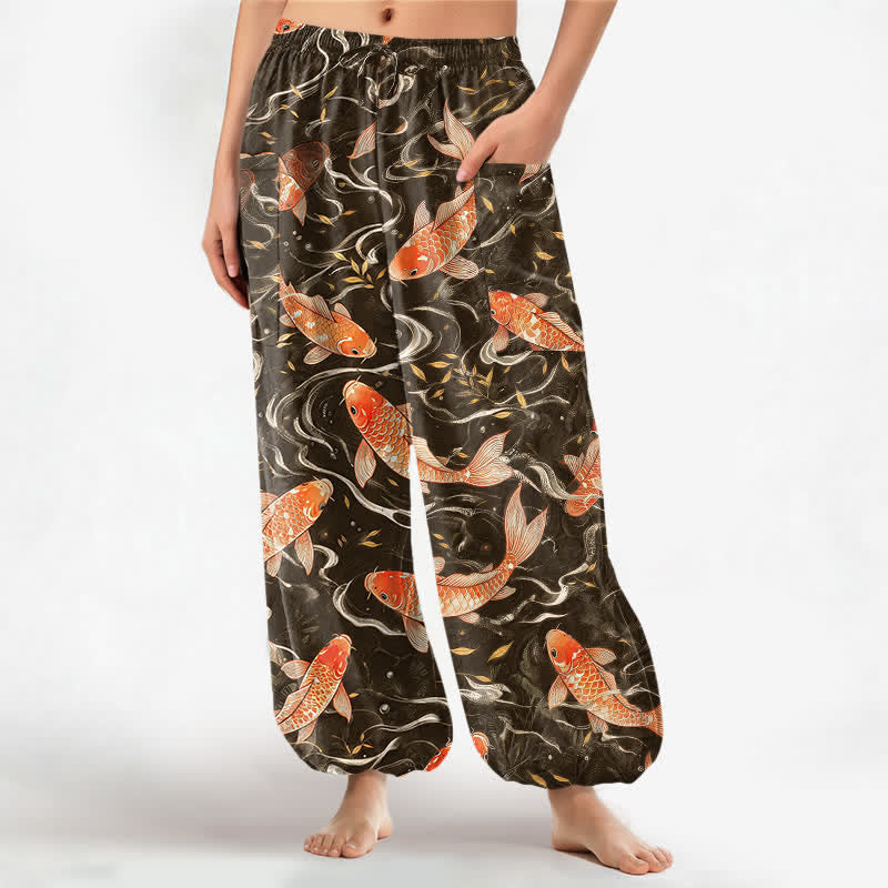 Buddha Stones Cotton Oriental Koi Wave Pattern Women's Elastic Waist Harem Pants With Side Pockets - Peru - US16，UK/AU20，EU48 (3XL) - image 10
