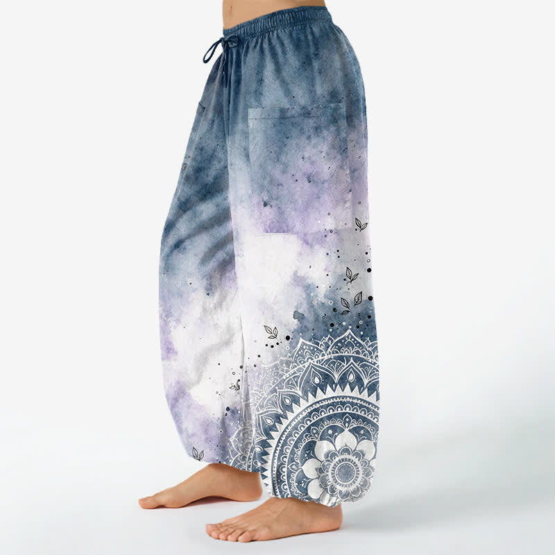 Buddha Stones Cotton Watercolor Ombre Mandala Lotus Pattern Women's Elastic Waist Harem Pants With Side Pockets - image 1