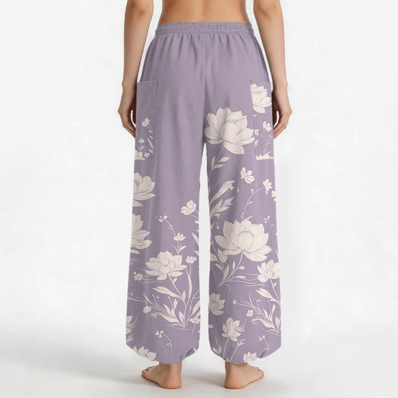 Buddha Stones Cotton Vintage Lotus Bloom Pattern Women's Elastic Waist Harem Pants With Side Pockets - image 2