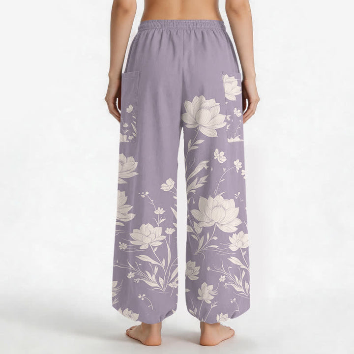 Buddha Stones Cotton Vintage Lotus Bloom Pattern Women's Elastic Waist Harem Pants With Side Pockets - image 2