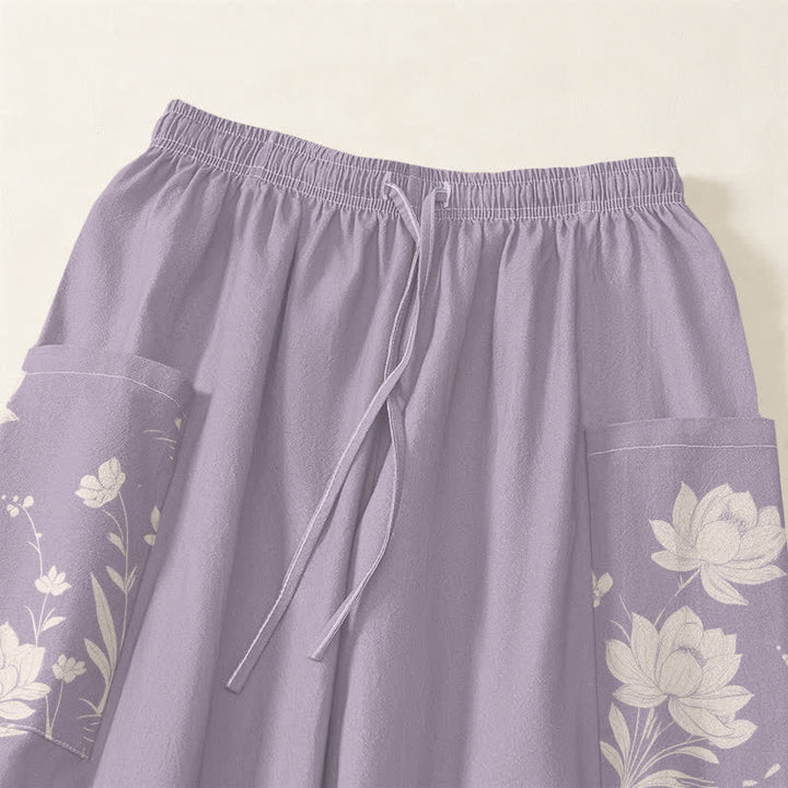 Buddha Stones Cotton Vintage Lotus Bloom Pattern Women's Elastic Waist Harem Pants With Side Pockets - image 5