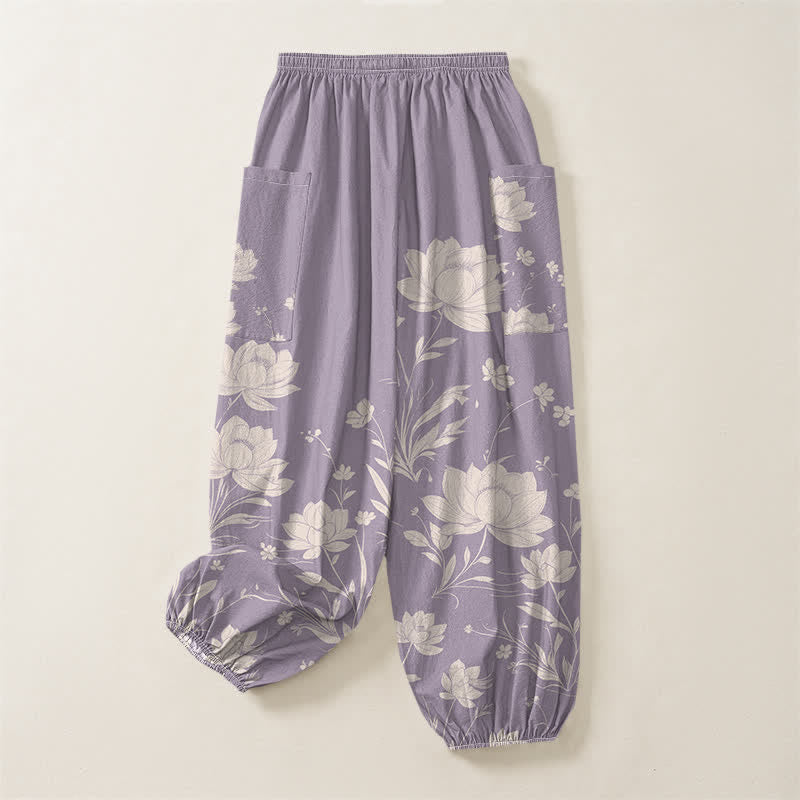 Buddha Stones Cotton Vintage Lotus Bloom Pattern Women's Elastic Waist Harem Pants With Side Pockets - image 4