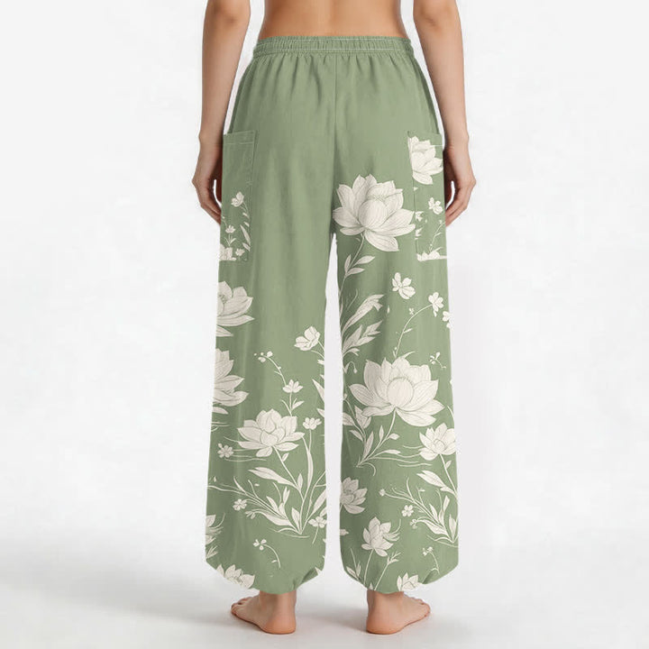 Buddha Stones Cotton Vintage Lotus Bloom Pattern Women's Elastic Waist Harem Pants With Side Pockets - image 9