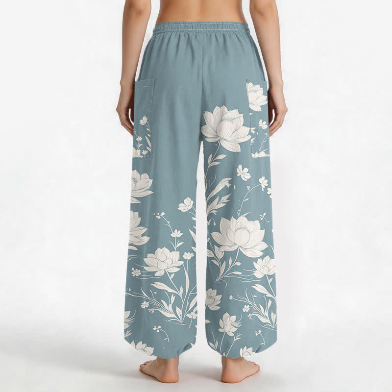 Buddha Stones Cotton Vintage Lotus Bloom Pattern Women's Elastic Waist Harem Pants With Side Pockets - image 12