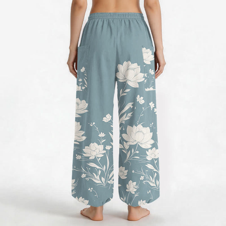 Buddha Stones Cotton Vintage Lotus Bloom Pattern Women's Elastic Waist Harem Pants With Side Pockets - image 12