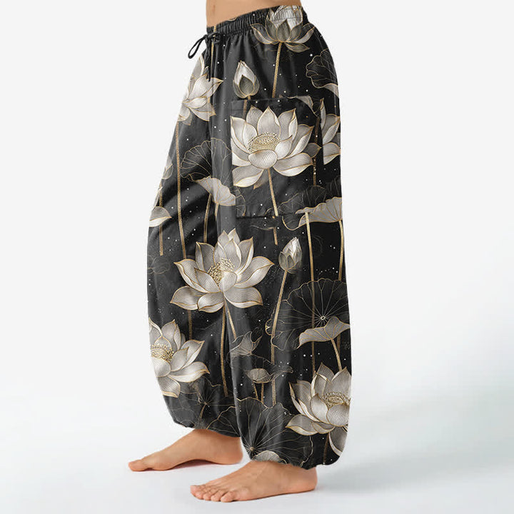 Buddha Stones Cotton Oriental Lotus Floral Pattern Women's Elastic Waist Harem Pants With Side Pockets - image 1