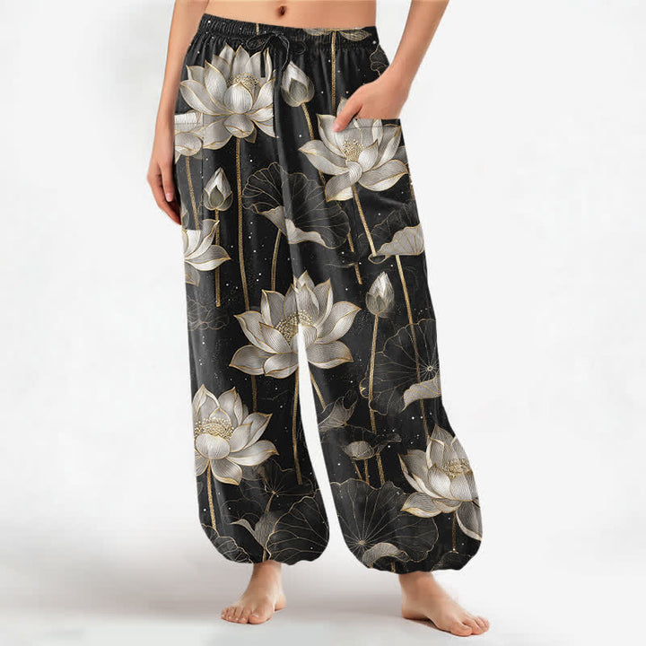 Buddha Stones Cotton Oriental Lotus Floral Pattern Women's Elastic Waist Harem Pants With Side Pockets - Black - US16，UK/AU20，EU48 (3XL) - image 0