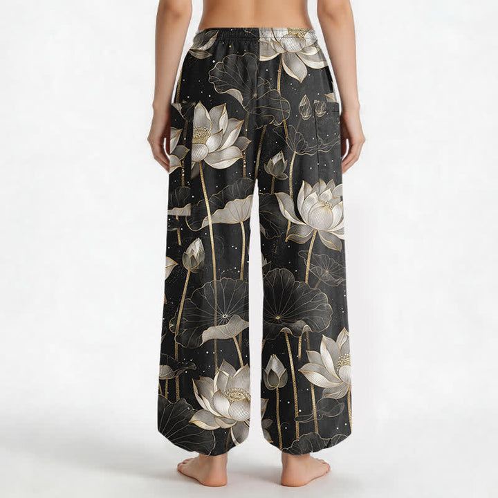 Buddha Stones Cotton Oriental Lotus Floral Pattern Women's Elastic Waist Harem Pants With Side Pockets - image 2