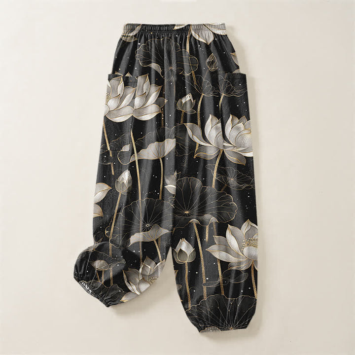 Buddha Stones Cotton Oriental Lotus Floral Pattern Women's Elastic Waist Harem Pants With Side Pockets - image 4