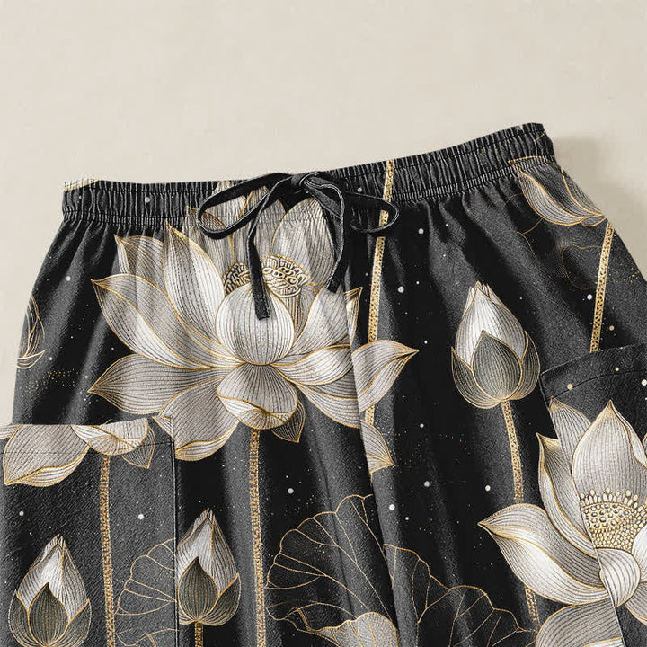 Buddha Stones Cotton Oriental Lotus Floral Pattern Women's Elastic Waist Harem Pants With Side Pockets - image 5