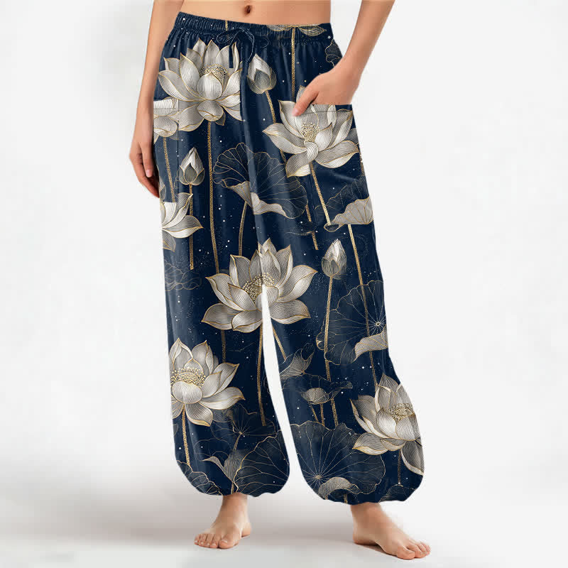 Buddha Stones Cotton Oriental Lotus Floral Pattern Women's Elastic Waist Harem Pants With Side Pockets - Navy - US16，UK/AU20，EU48 (3XL) - image 7