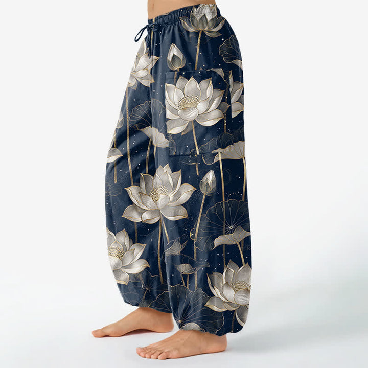 Buddha Stones Cotton Oriental Lotus Floral Pattern Women's Elastic Waist Harem Pants With Side Pockets - image 8