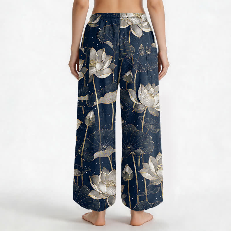 Buddha Stones Cotton Oriental Lotus Floral Pattern Women's Elastic Waist Harem Pants With Side Pockets - image 9