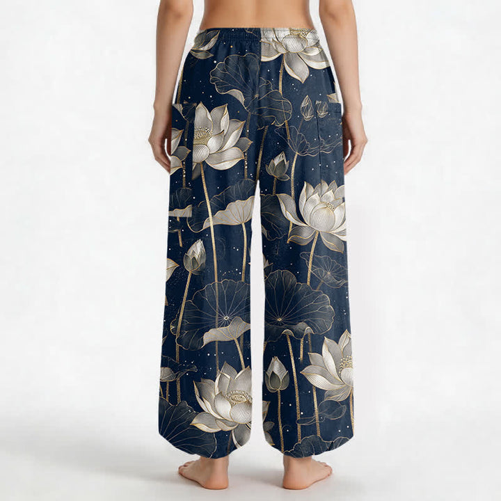 Buddha Stones Cotton Oriental Lotus Floral Pattern Women's Elastic Waist Harem Pants With Side Pockets - image 9