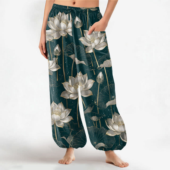 Buddha Stones Cotton Oriental Lotus Floral Pattern Women's Elastic Waist Harem Pants With Side Pockets - Teal - US16，UK/AU20，EU48 (3XL) - image 10