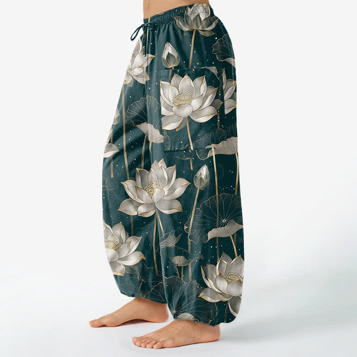Buddha Stones Cotton Oriental Lotus Floral Pattern Women's Elastic Waist Harem Pants With Side Pockets - image 11