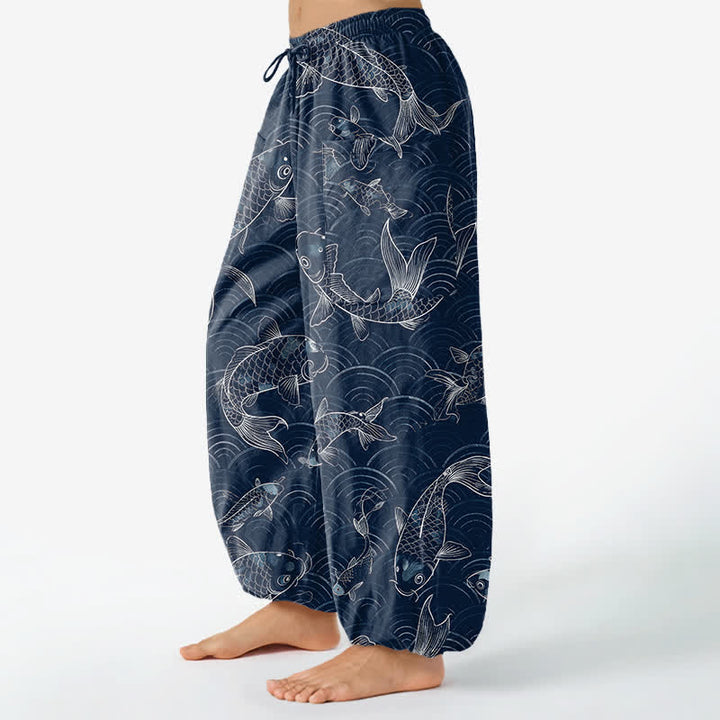 Buddha Stones Cotton Zen Koi Ripple Pattern Women's Elastic Waist Harem Pants With Side Pockets - image 1