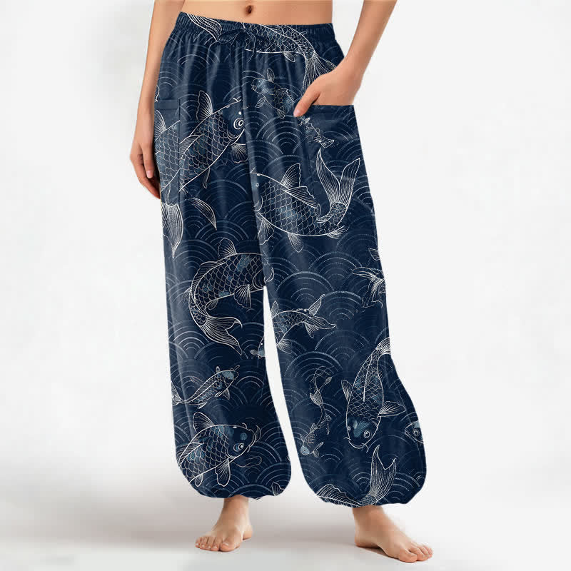 Buddha Stones Cotton Zen Koi Ripple Pattern Women's Elastic Waist Harem Pants With Side Pockets - Navy - US16，UK/AU20，EU48 (3XL) - image 0
