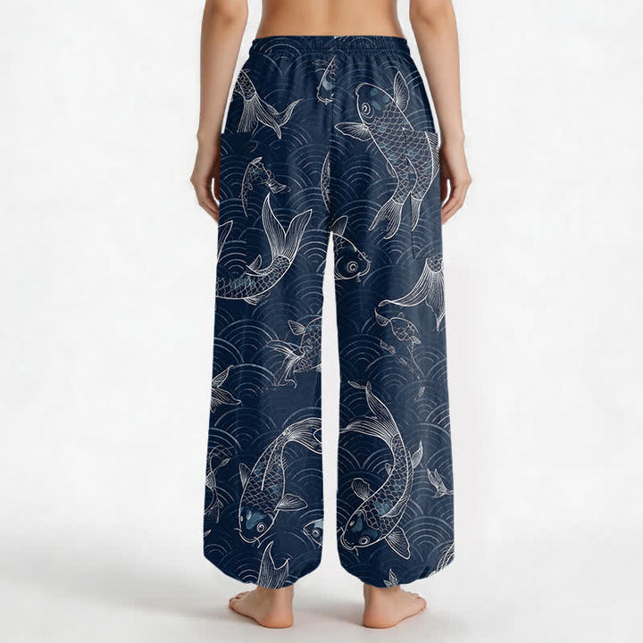 Buddha Stones Cotton Zen Koi Ripple Pattern Women's Elastic Waist Harem Pants With Side Pockets - image 2