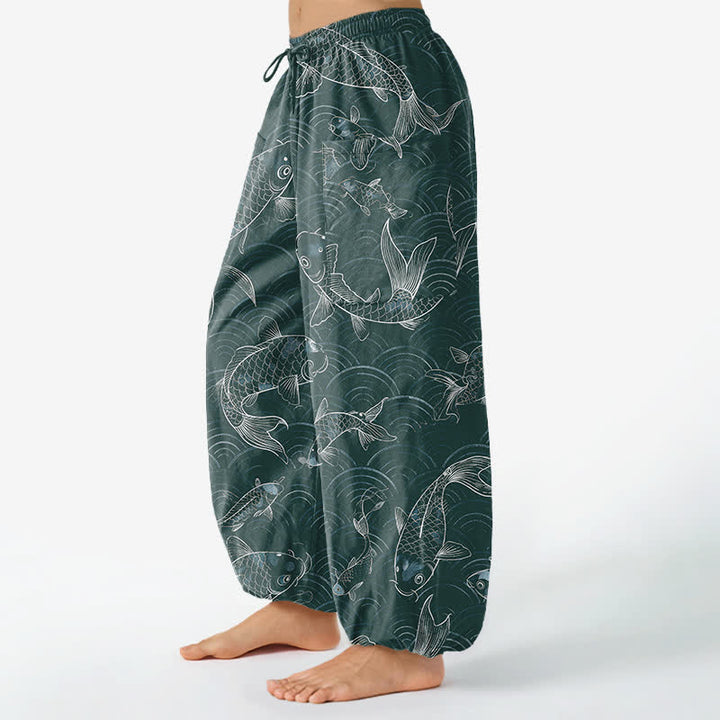 Buddha Stones Cotton Zen Koi Ripple Pattern Women's Elastic Waist Harem Pants With Side Pockets - image 11