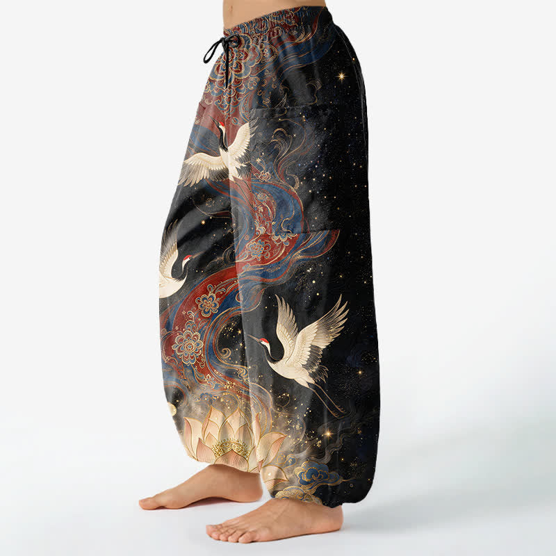 Buddha Stones Cotton Ornamental Crane Lotus Pattern Women's Elastic Waist Harem Pants With Side Pockets - image 1